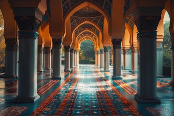 A long hallway with arched ceilings and colorful tiles - obrazy, fototapety, plakaty