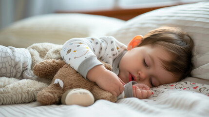 Cute little baby sleeping on bed at home - obrazy, fototapety, plakaty