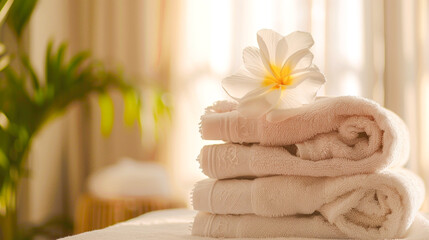 Flower on stack of towels in light hotel room