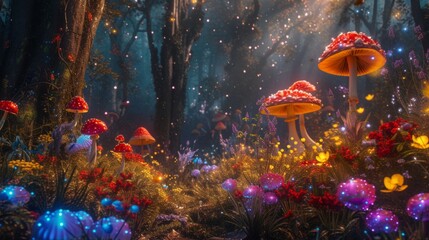 Glowing mushroom in deep forest