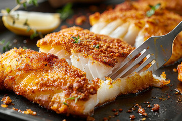 A fork is on a plate with a piece of fish that has been sprinkled with spices - obrazy, fototapety, plakaty