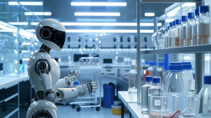 An advanced robot is working in a biochemistry research lab