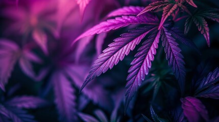 Cannabis plant growing under purple lights in indoor plantation farm. - obrazy, fototapety, plakaty