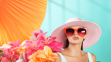 Colorful banner with beautiful woman in hat and sunglasses on blue background with flowers sunlight...