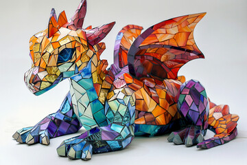 Craft an abstract baby dragon using a mosaic of bright, contrasting colors, resembling stained glass - obrazy, fototapety, plakaty