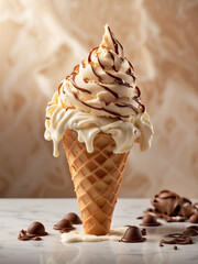 Cono de helado de café y vainilla con sirope de chocolate blanco y negro