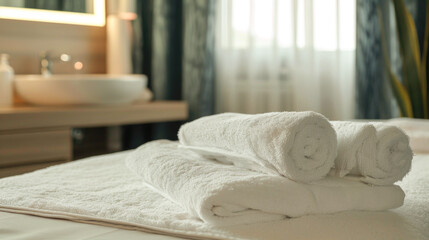 Fototapeta na wymiar Towel on massage table in modern spa salon
