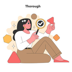 Artistic vector illustration of a person examining details with a magnifying glass, portraying the trait of thoroughness in a charming and colorful style.