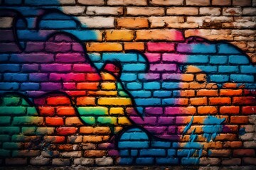 Beautiful bright colorful street art graffiti background. Abstract creative spray drawing fashion colors on the brick walls of the city. Urban Culture gradient texture, copyspace backdrop