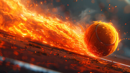 Tennis ball making a fiery impact on the court, depicting dynamic motion and powerful play in sports