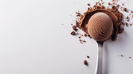 Chocolate ice cream scoop with shavings on a metal spoon isolated on white. Food photography with copy space