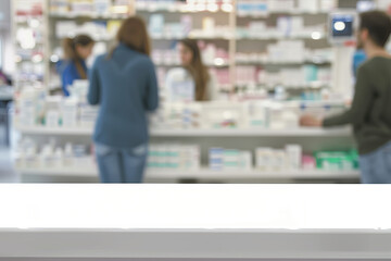 A blurred background of people at the pharmacy counter with white space for text. One person is taking their medicine from behind the counter, another woman stands at the front desk talking to staff. - obrazy, fototapety, plakaty