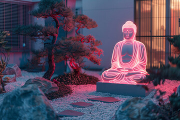 A statue of a Buddha is sitting on a rock in a zen garden, a peaceful and serene background.