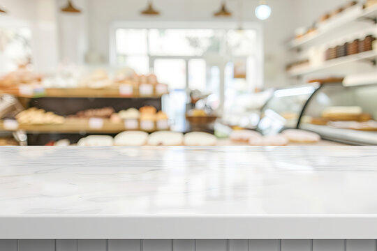 Blurred white marble counter in front of a blurred bakery interior with a window display and people working in a closeup foreground. The background is an out of focus bakery shop or cafe interior.