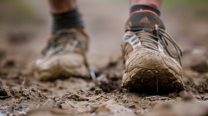 Close-up of a trail runner's muddy shoes in action on a soft ground.
