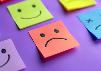 Emotional management: happy and sad faces on colored sticky notes against purple background, representing the concept of emotional balance