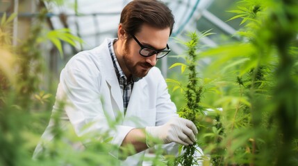 Scientist doing research work in field with cannabis plant growing in indoor plantation greenhouse.
