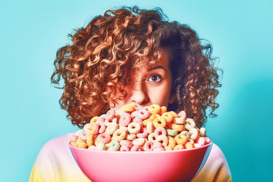 Funny young woman with red curly hair peeping from behind a bowl with colorful cheerios cereal. Surprised face expression. Creative banner in pop art style for various concepts