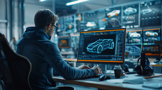 professional engineer works design a modern car on a computer