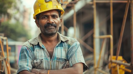 Confident construction worker crossing arms on site. Professional portrait with scaffolding background - obrazy, fototapety, plakaty