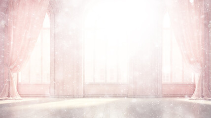 white background delicate soft color pink curtain on the window, in a blurred snow-white blur bokeh, snowfall design, blank, abstract - obrazy, fototapety, plakaty