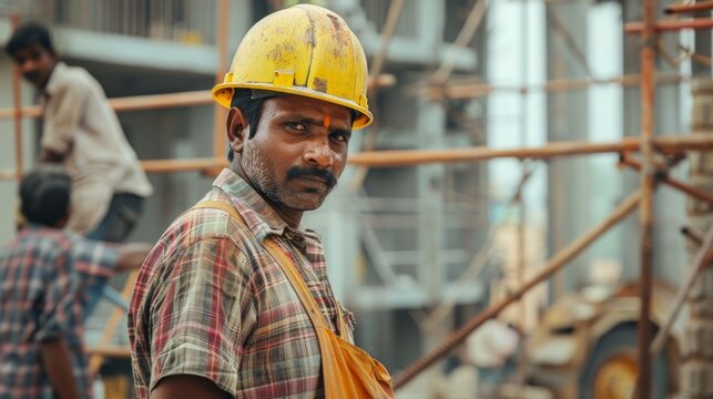 Construction worker with helmet looking back at construction site. Authentic portrait in work environment.