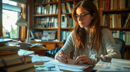 a young woman studying in the library