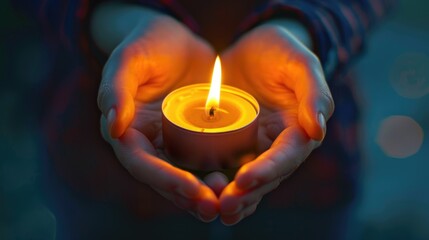 Bright Burning Candle in the Human Hands. Remembrance and Memorial Day Background