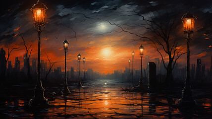 generated art landscape with street lights in the night autumn fog, fabulous picture silence mystery mist