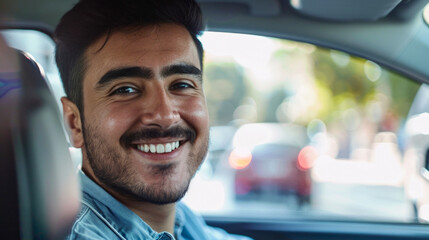 Handsome smiling latin man driving a car. Car sharing concept - obrazy, fototapety, plakaty