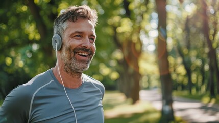 Smiling man with headphones jogging in park. Lifestyle outdoor portrait. Healthy lifestyle and...