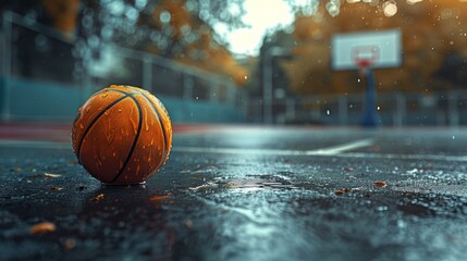 Obraz premium Wet basketball on a rainy court.