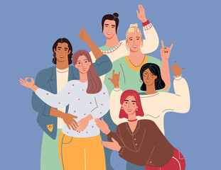 Happy positive people, group portrait. People showing positive hands gestures. Cool, clapping applause, support, ok symbol. Flat vector illustration isolated on blue background.