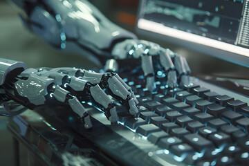 Robot hands typing on keyboard