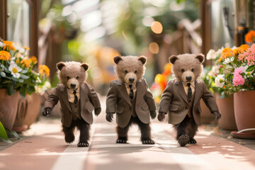 Three cute baby bear cubs clad in stylish businessman outfits, confidently navigating the crosswalk on a bright spring day.