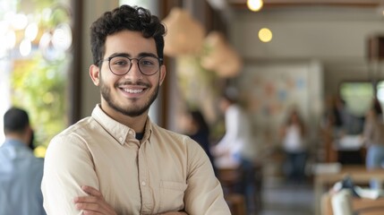 Young arab man smiling confident standing with arms crossed gesture at office - obrazy, fototapety, plakaty