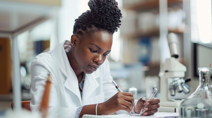 Young african american woman scientist write on report document at laboratory - obrazy, fototapety, plakaty