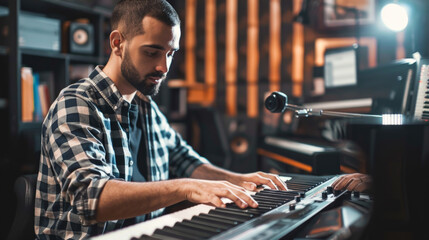 Young arab man musician playing piano keyboard at music studio