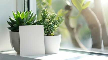 A blank greeting card propped up against a small, potted succulent on a clean, white windowsill