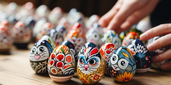 A set of hand-painted Easter eggs with patterns and cartoon faces, presented in a cardboard box.
Concept: Easter and crafts, decoration and spring holidays, home crafts