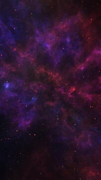 Vertical Purple Cosmos with Glitter Flecks 4K Loop features space clouds in purple, blue, and red hues with reddish orange flecks of metal floating in a vertical ratio.
