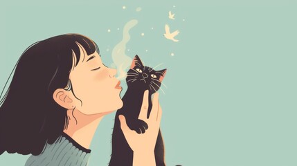 A person is happily playing with cat without allergy with home animal. - obrazy, fototapety, plakaty