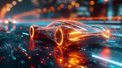 Futuristic wireframe car racing on a digital track - obrazy, fototapety, plakaty