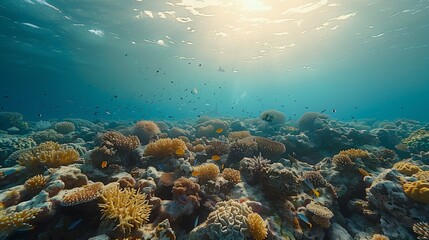 Naklejka na ściany i meble sunlight filters through the blue ocean waters illuminating a vibrant coral reef ecosystem