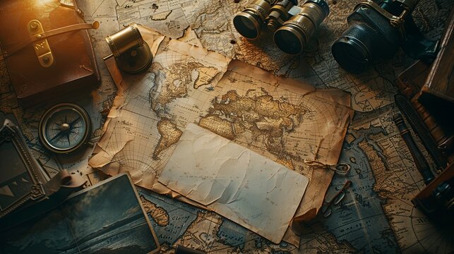 A travel-inspired flatlay with a blank card lying atop a map, surrounded by a vintage compass, binoculars, and snapshots from adventures around the world