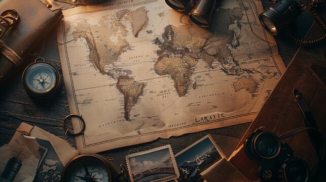 A travel-inspired flatlay with a blank card lying atop a map, surrounded by a vintage compass, binoculars, and snapshots from adventures around the world