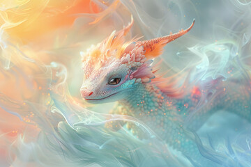 Create an abstract baby dragon with pastel colors floating in a dreamy, ethereal environment