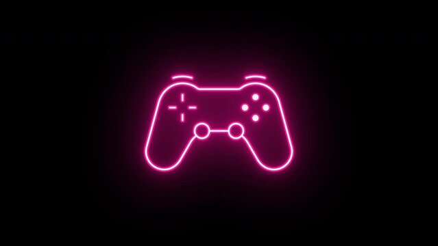 Neon joystick sign animation, flickering emergence with fading. Glowing neon gamepad icon, looped animation. Game station controller, play console, joypad for videogames. Red, pink, purple colors