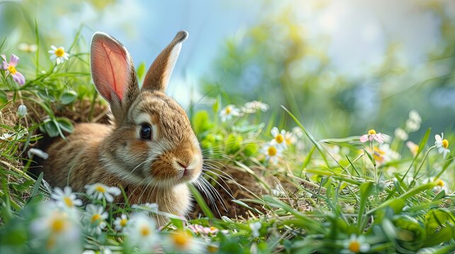 A cautious wild rabbit peers out from its hiding place within the lush greenery and vibrant spring flowers, alert and curious.
