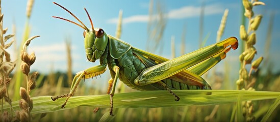 A green grasshopper perched atop a single blade of grass in a vast field under the clear blue sky - obrazy, fototapety, plakaty